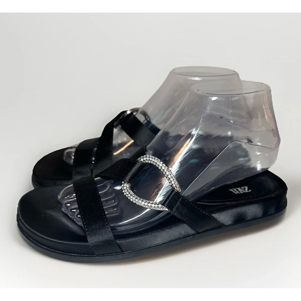 ZARA *NEW* Black‎ Satin Rhinestone Slides Slip On Flat Sandals Women EU 39 US 8 - Picture 2 of 8